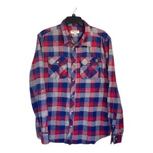 Triple Five Soul Shirt Mens Size XL Blue Red Plaid Flannel Long Sleeve Button Do